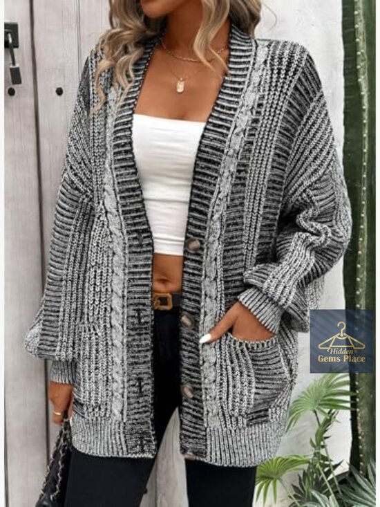 Oversized Cable Knit Cardigan Sweater Long Sleeve with Pockets - Picture 4 of 7
